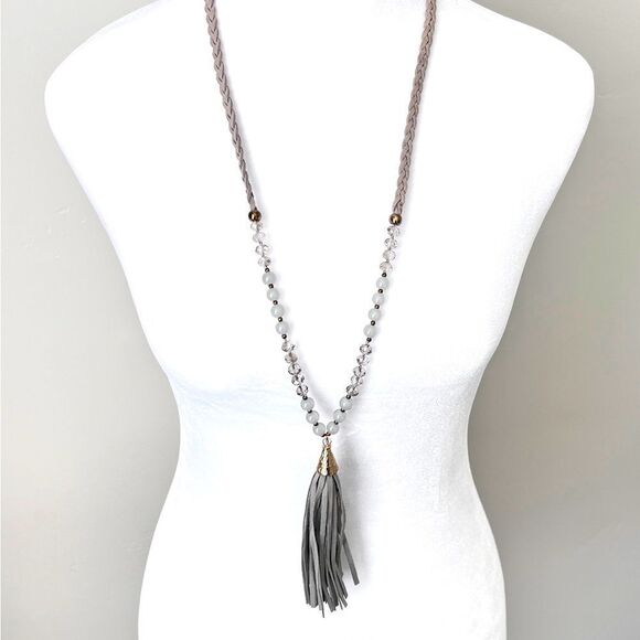 21” Boho Vintage Gray Suede Beaded Tassel Braided Long Necklace - Picture 1 of 7